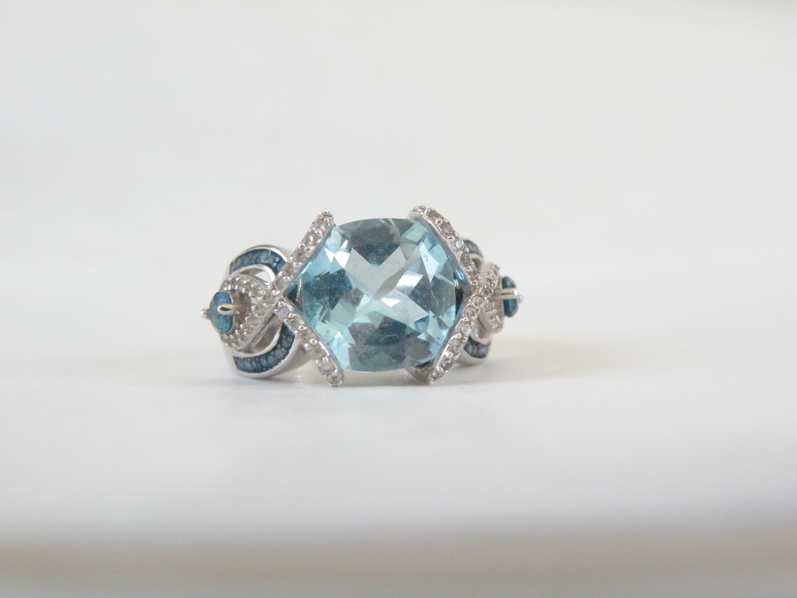 Vintage Style Sterling Silver 925 Natural Heated Blue Topaz Diamond Ring Size 6