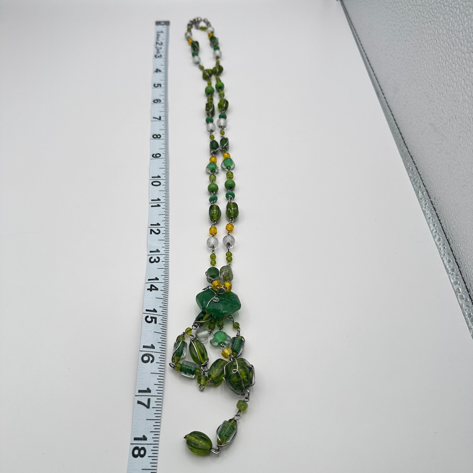 Vintage Green Glass Bead Tassel Necklace Wire Wrapped Yellow Crystal Y Drop Boho