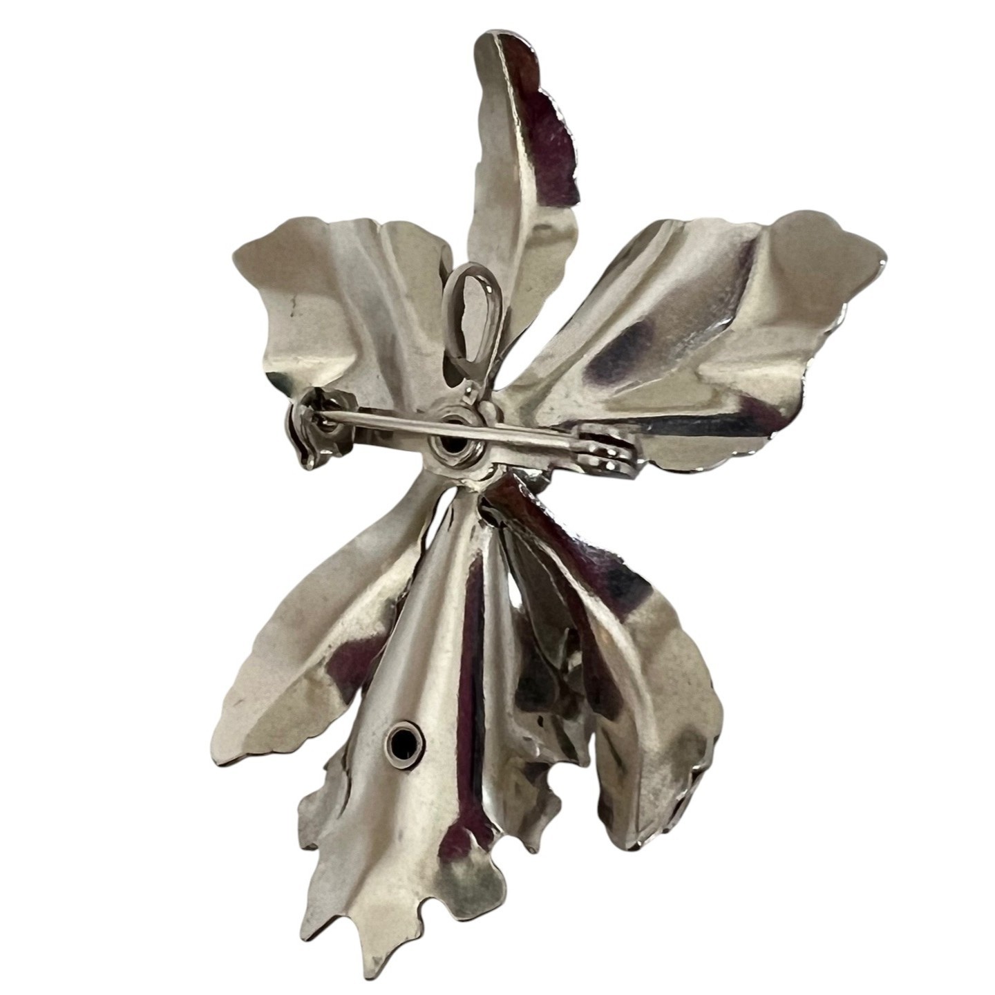 Silver Tone Orchid Flower Brooch Purple Rhinestone Center Convertible Pendant