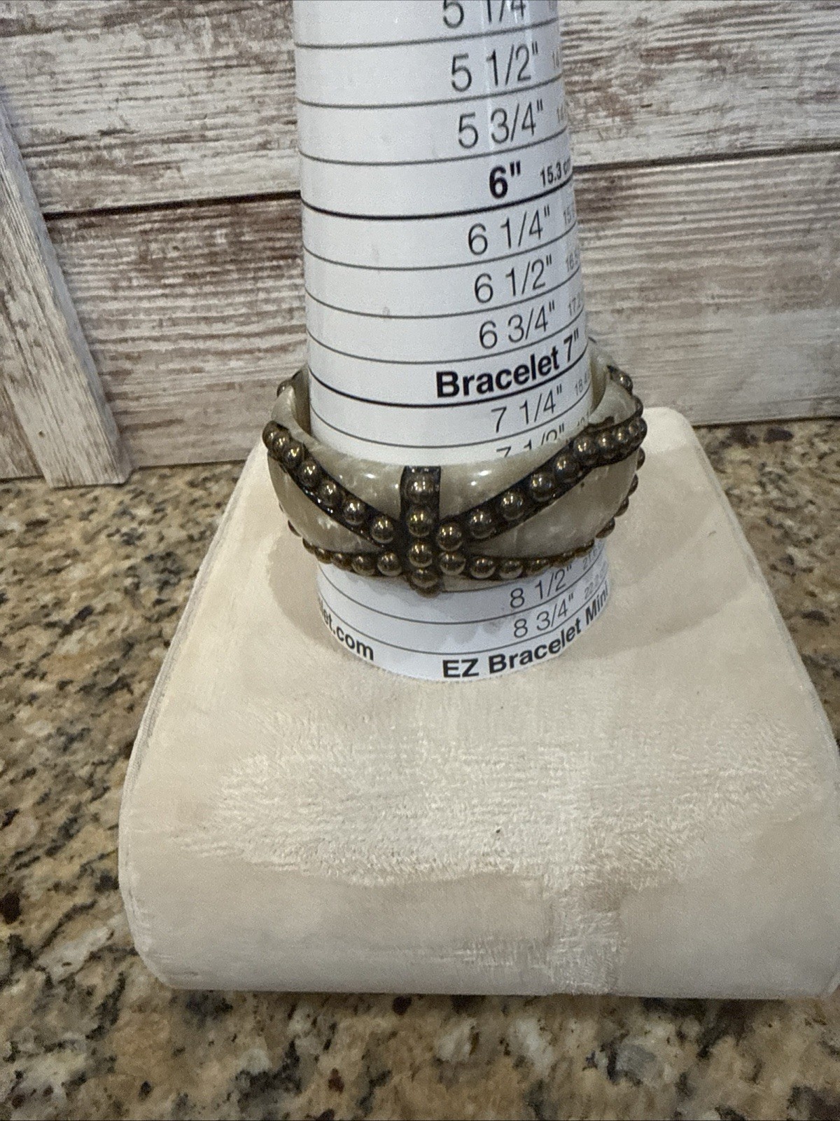 Off White Marbled Bracelet Brass Studded Bangle Boho Vintage 7.5”