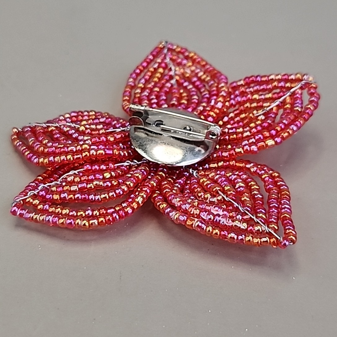 Vintage Seed Bead Flower Brooch AB Red Wired Glass 2.75″