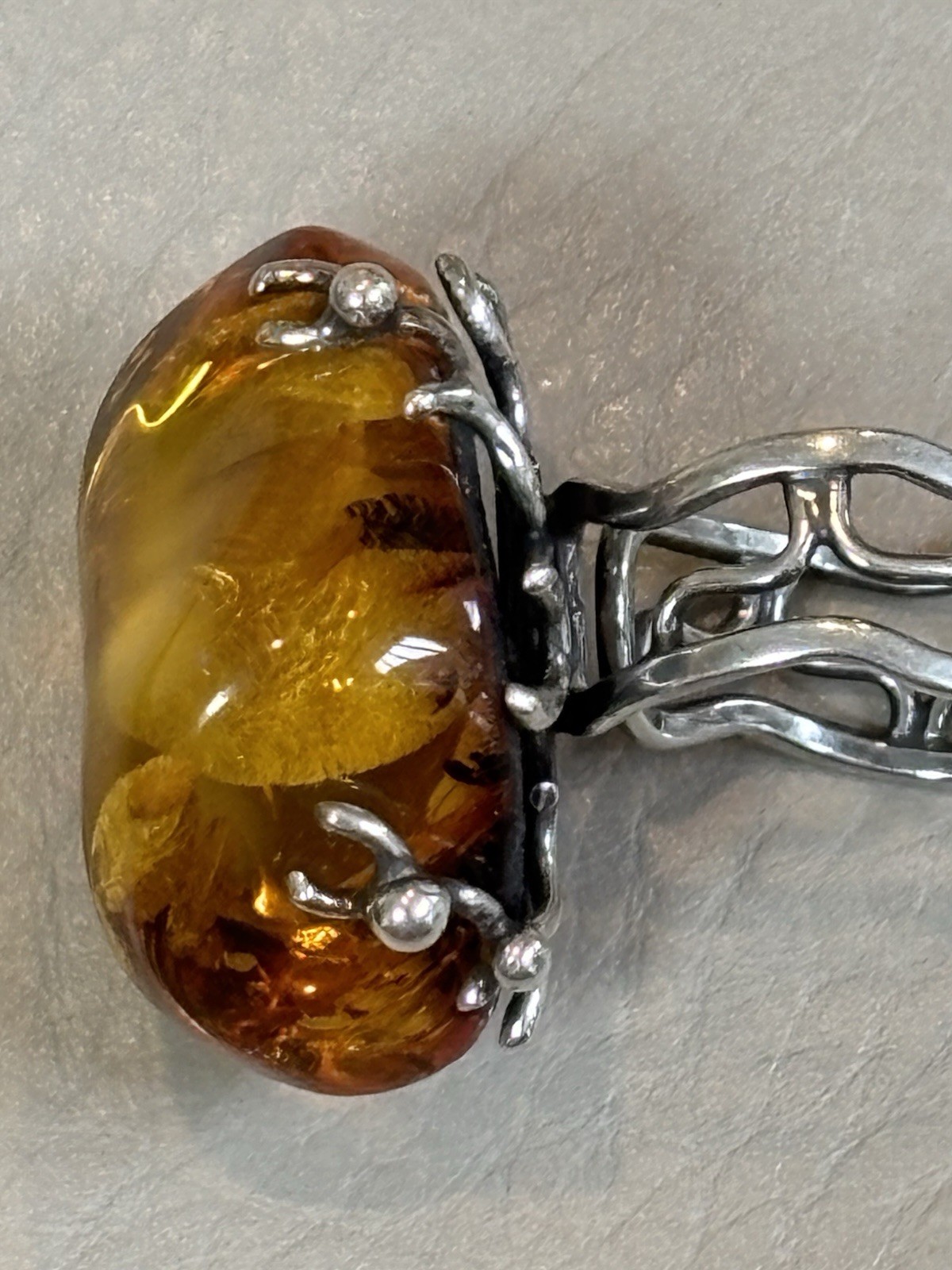 Vtg. HALLMARKED 925 Head Facing Right STERLING SILVER AMBER RING Hand Made 7