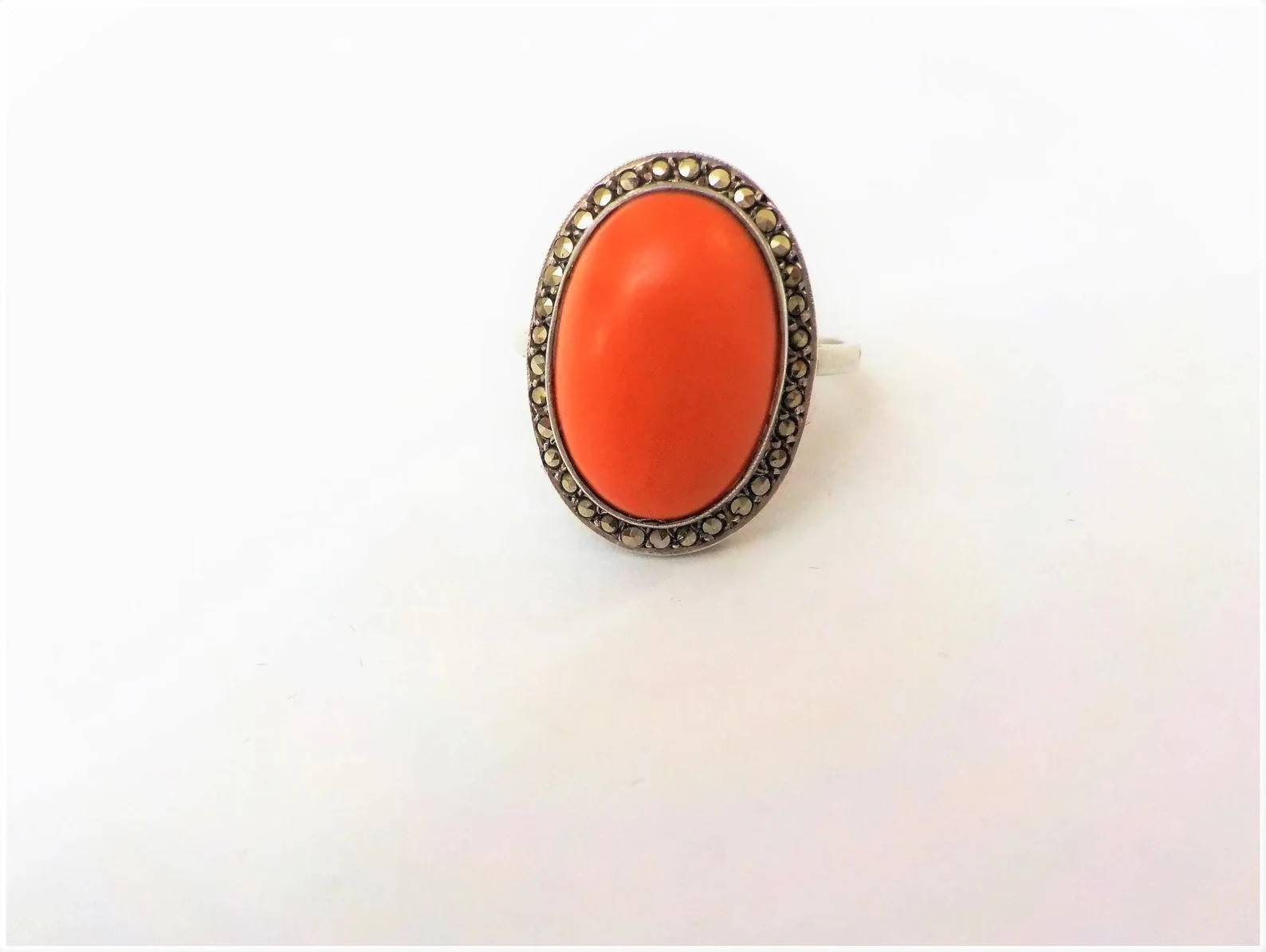 Vintage Art Deco Large Oval Red Coral Marcasite Sterling Silver Ring