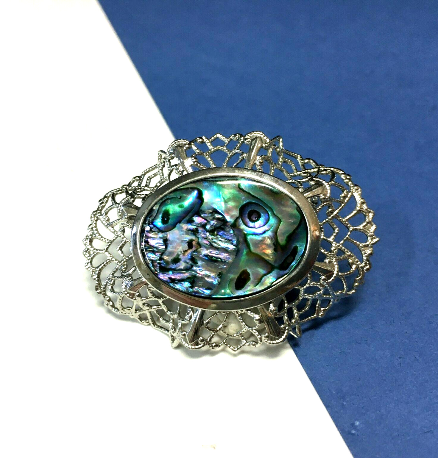 Vintage New Zealand Paua Shell ABALONE Brooch Oval Silver PL Lacy Bezel L54k