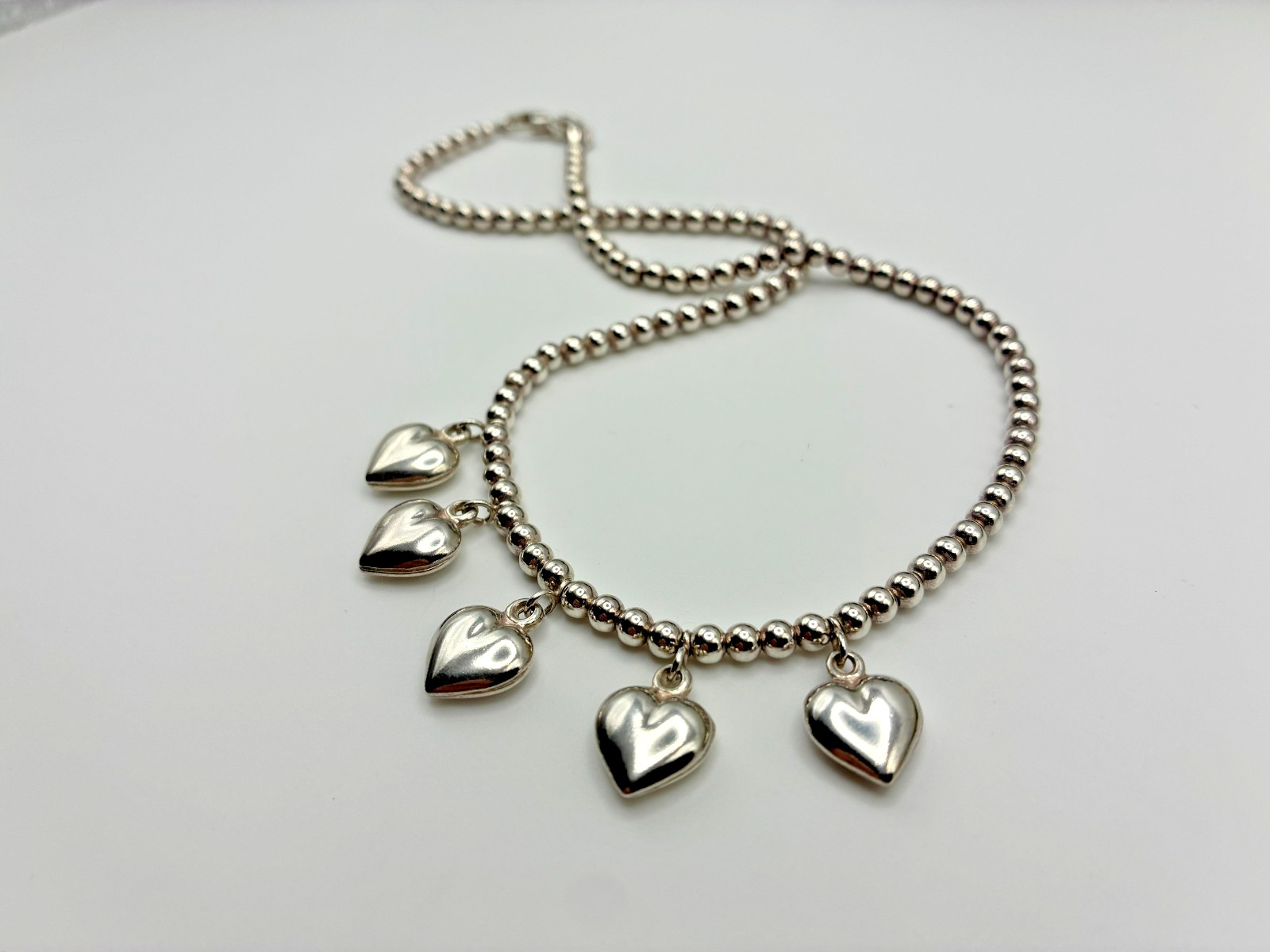 Vintage Italian 925 Silver Floating Bead Necklace with Five Puffy Dangle Hearts
