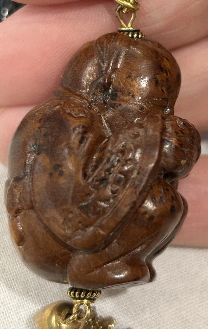 Vtg Asian-Themed Mixed Material 3-Strand Charm Necklace w/Carved Wood Buddha 28”