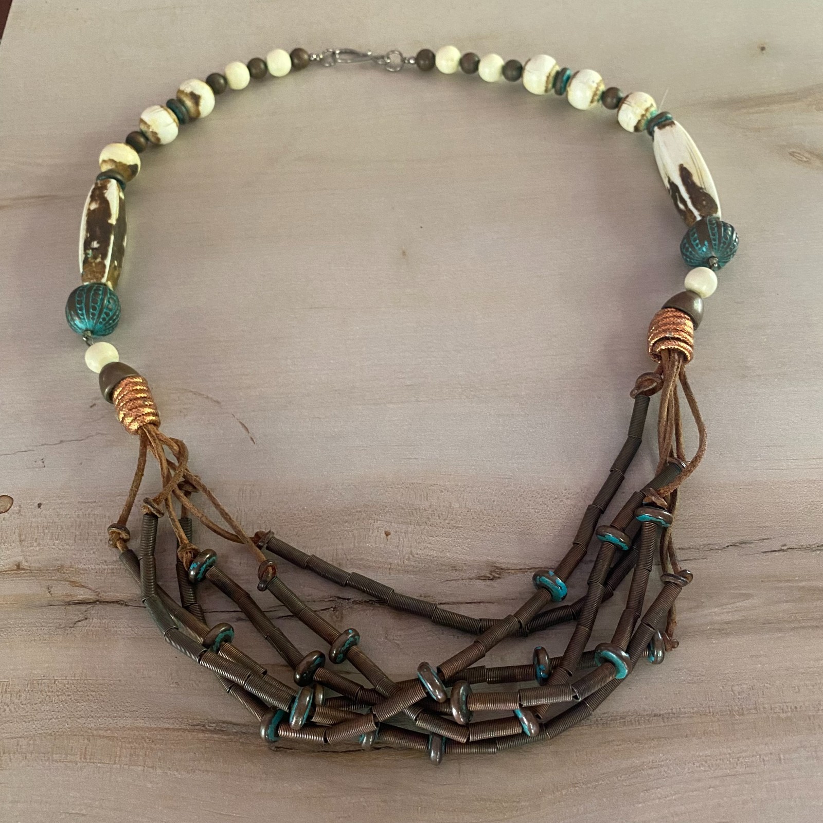 VTG Boho Chunky Mixed Media Statement Necklace Ethnic Earthtones 25″ western