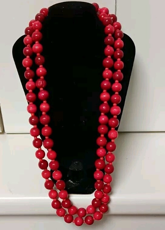 Vintage 135cm Red Carved Wooden & Glass Spacer 11mm Bead Necklace 76 grams