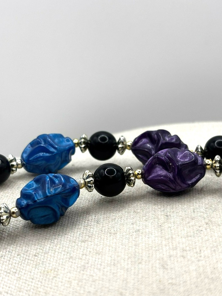 Vintage Purple Teal Blue Black And Silver Tone Crinkled Bead Necklace 24 Inch