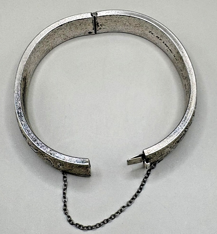 Vintage Sterling Silver Floral Engraved Hinge Bangle Bracelet Safety Chain 21.5g