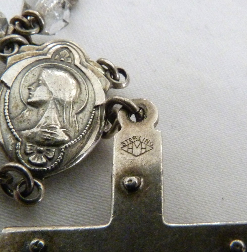VINTAGE HMH STERLING SILVER SACRED HEART OF JESUS MARY CRYSTAL BEADS ROSARY