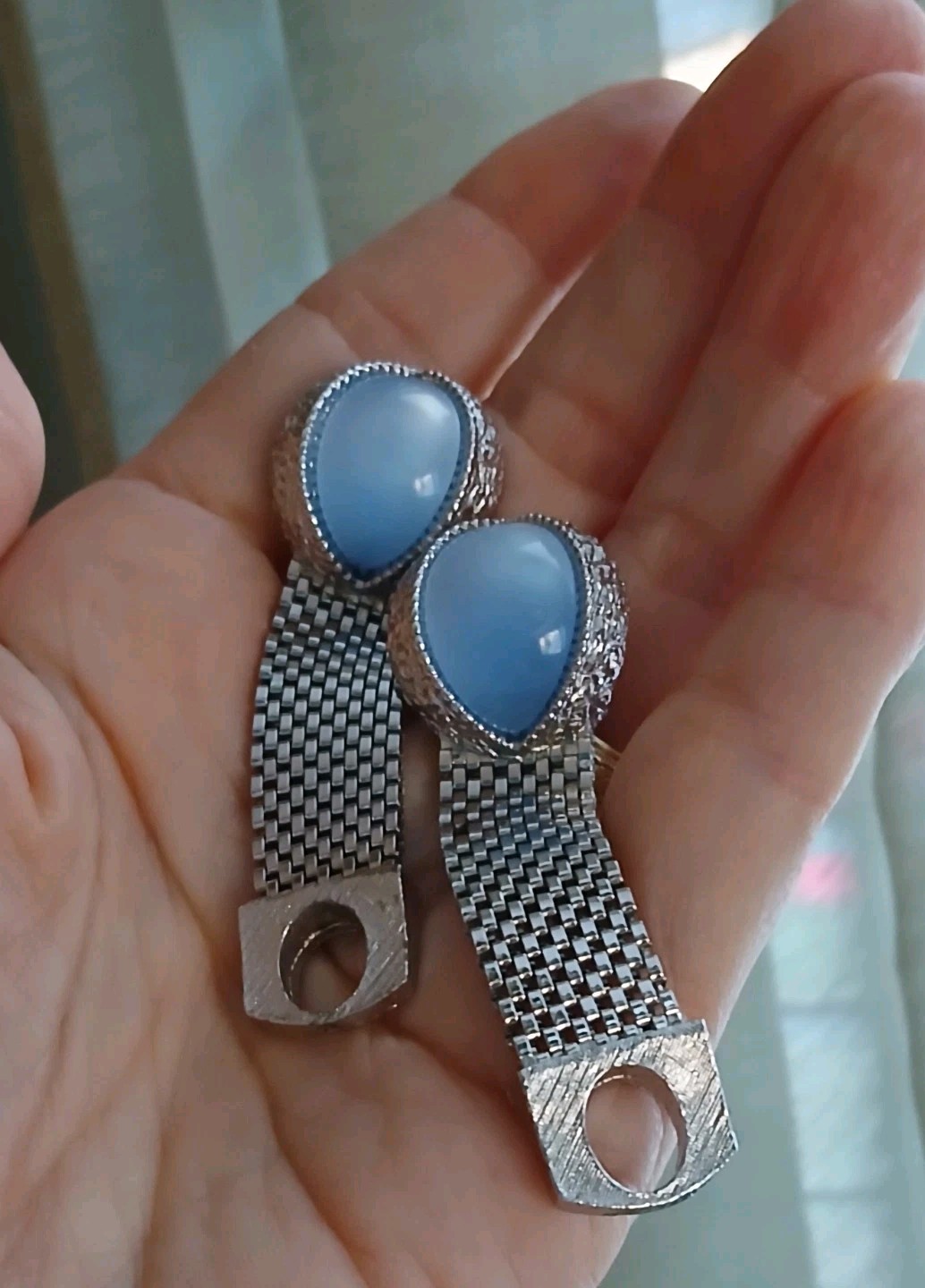 Vtg Swank Designer Thermoset Blue Moonglow Rhodium Plate Cufflinks