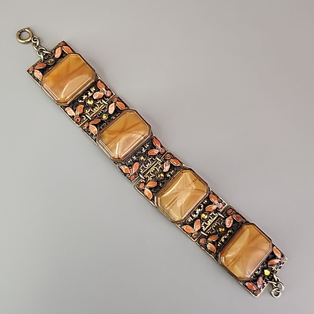 Vintage Panel Bracelet Brown Faux Star Sapphire Peach Enamel Fall Autumn 7.25″