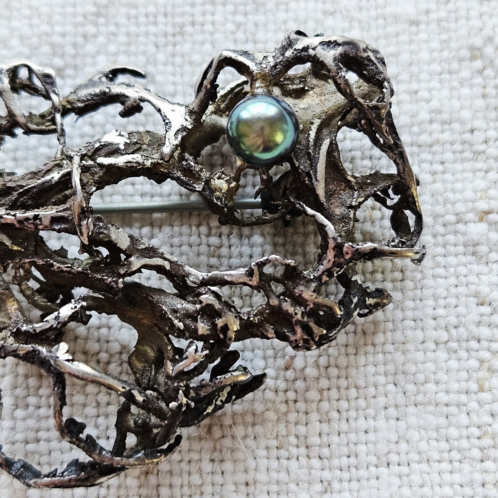 Vintage Modernist Mid-Century Brutalist Silver Brooch Pin Green Pearl