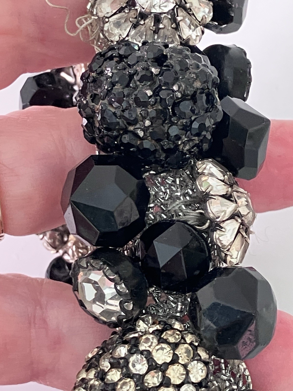 Vintage Black Button Bracelet With Rhinestone & Glass Buttons Stretch Band VGC