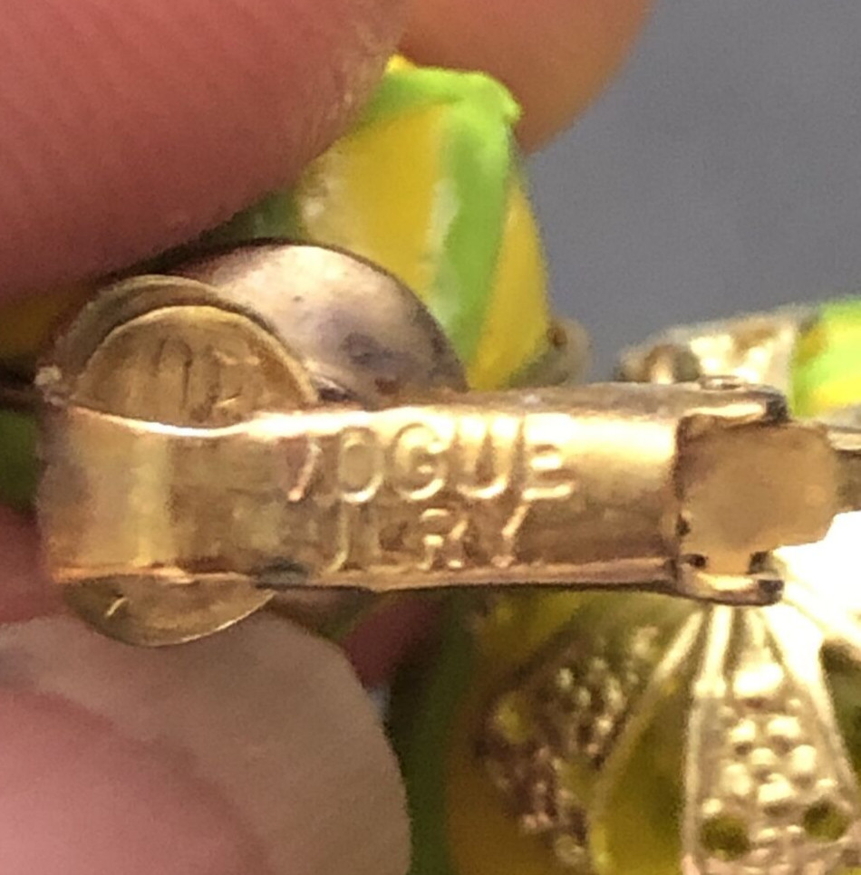 Vintage Signed VOGUE JLRY yellow & green Art Deco Dangle Clip-On Earrings 2″