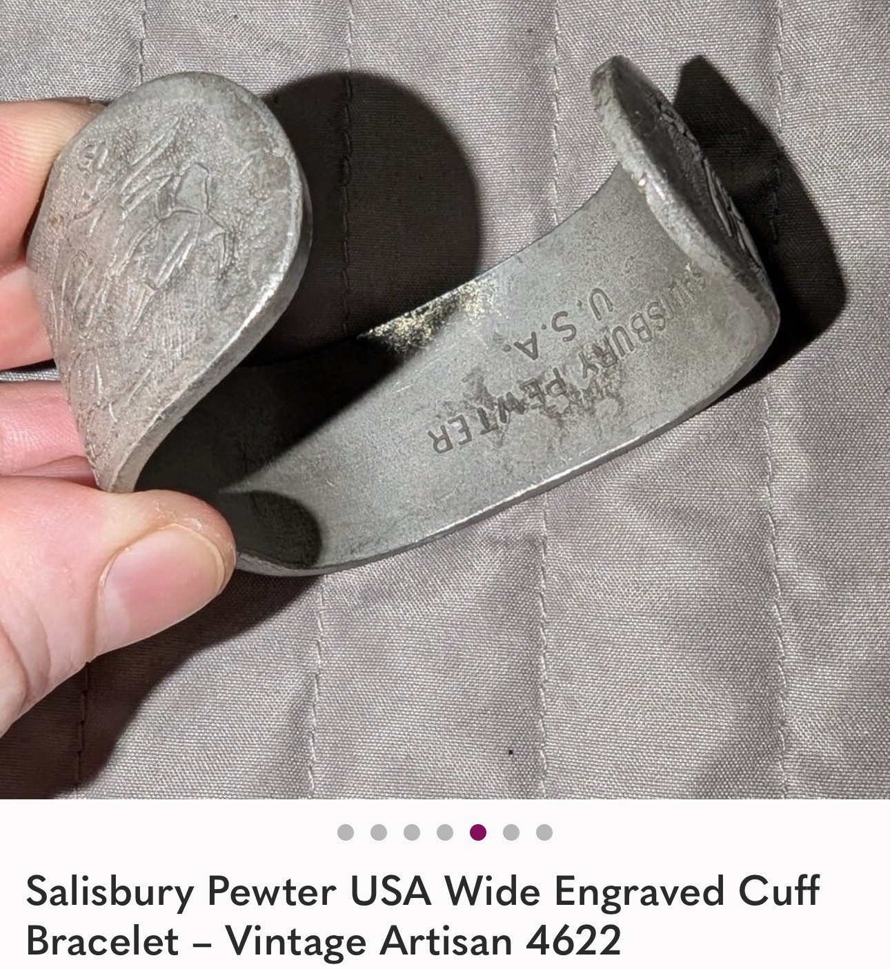 Salisbury Pewter USA Wide Engraved Cuff Bracelet Vintage Artisan 4622