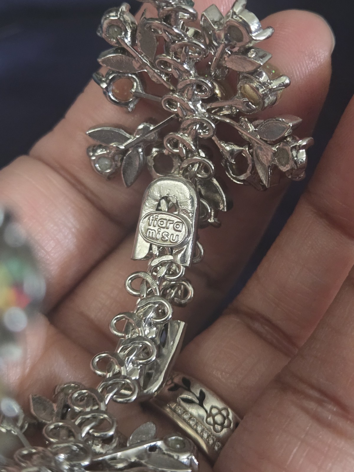 Vintage Tiara Misu Floral Cluster Link Bracelet Silver Tone AB Rhinestones