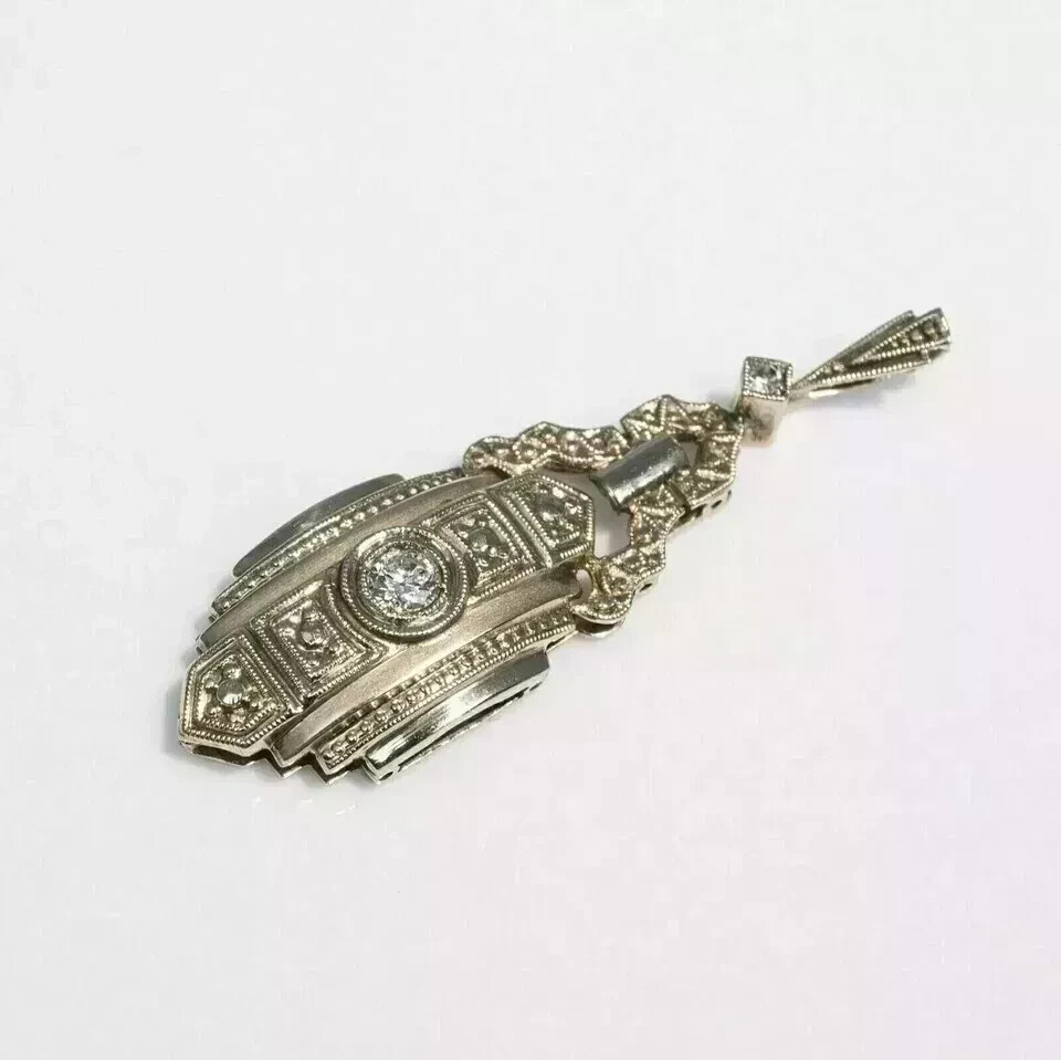 Art Deco Vintage Style Lab Created Diamond 14K White Gold FN Engagement Pendant
