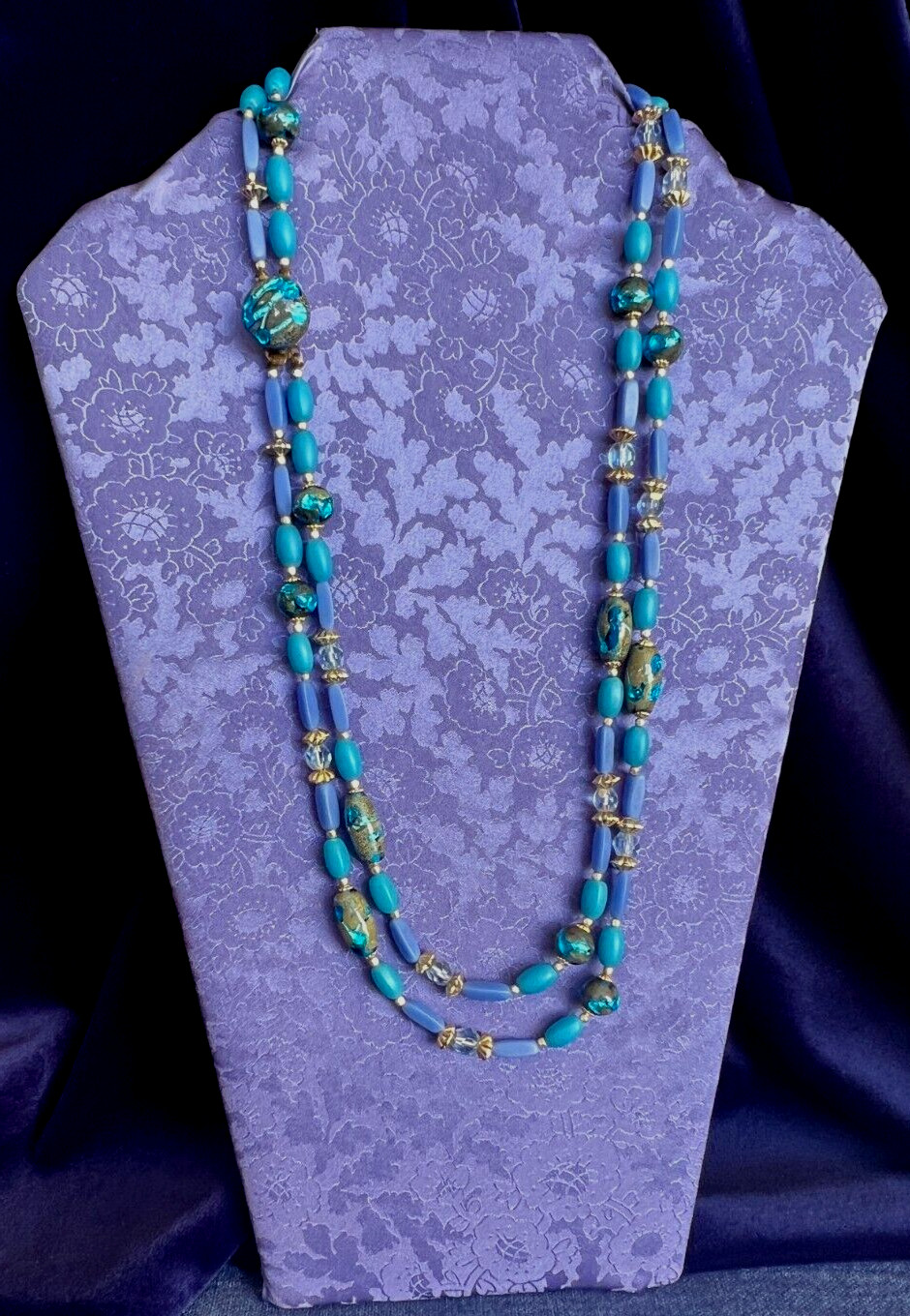 Murano Glass Beaded 2 Strand Necklace 22 Inches Long Blue