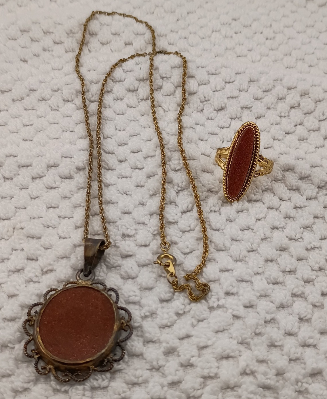 Vintage Goldstone Ring and Goldstone Pendant and Chain
