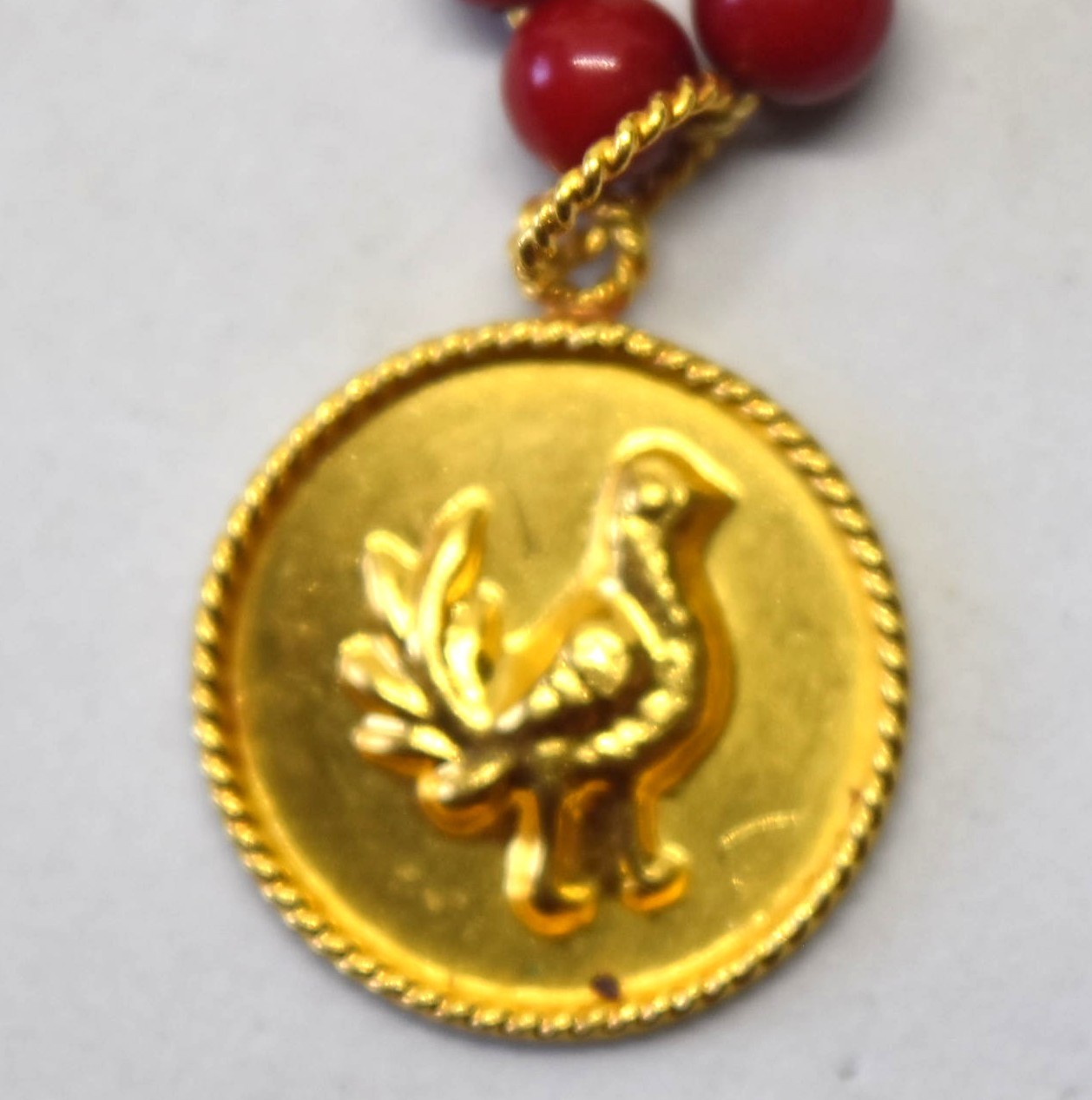 18K Yellow Gold and Natural Untreated Blood Red Coral Rooster Necklace 17″ Long