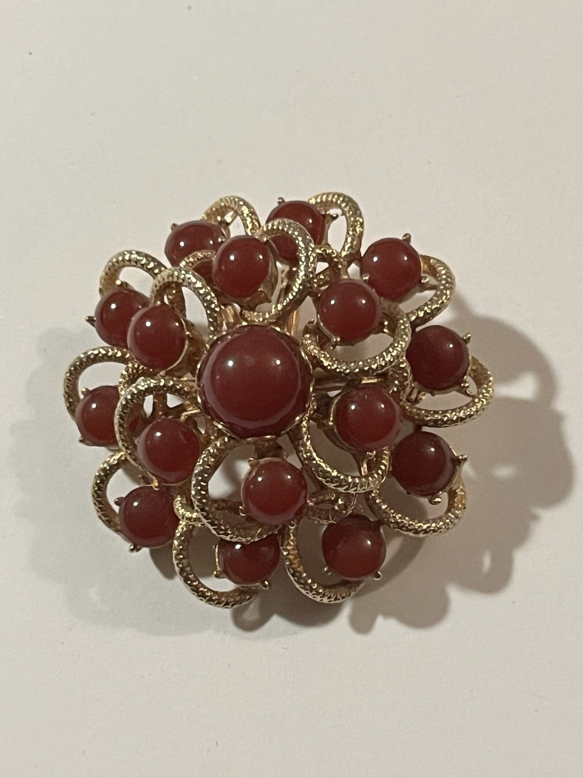 Vintage Sunburst Flower Swirl Brooch Pin Carnelian Goldtone 2” Multi Stone Retro