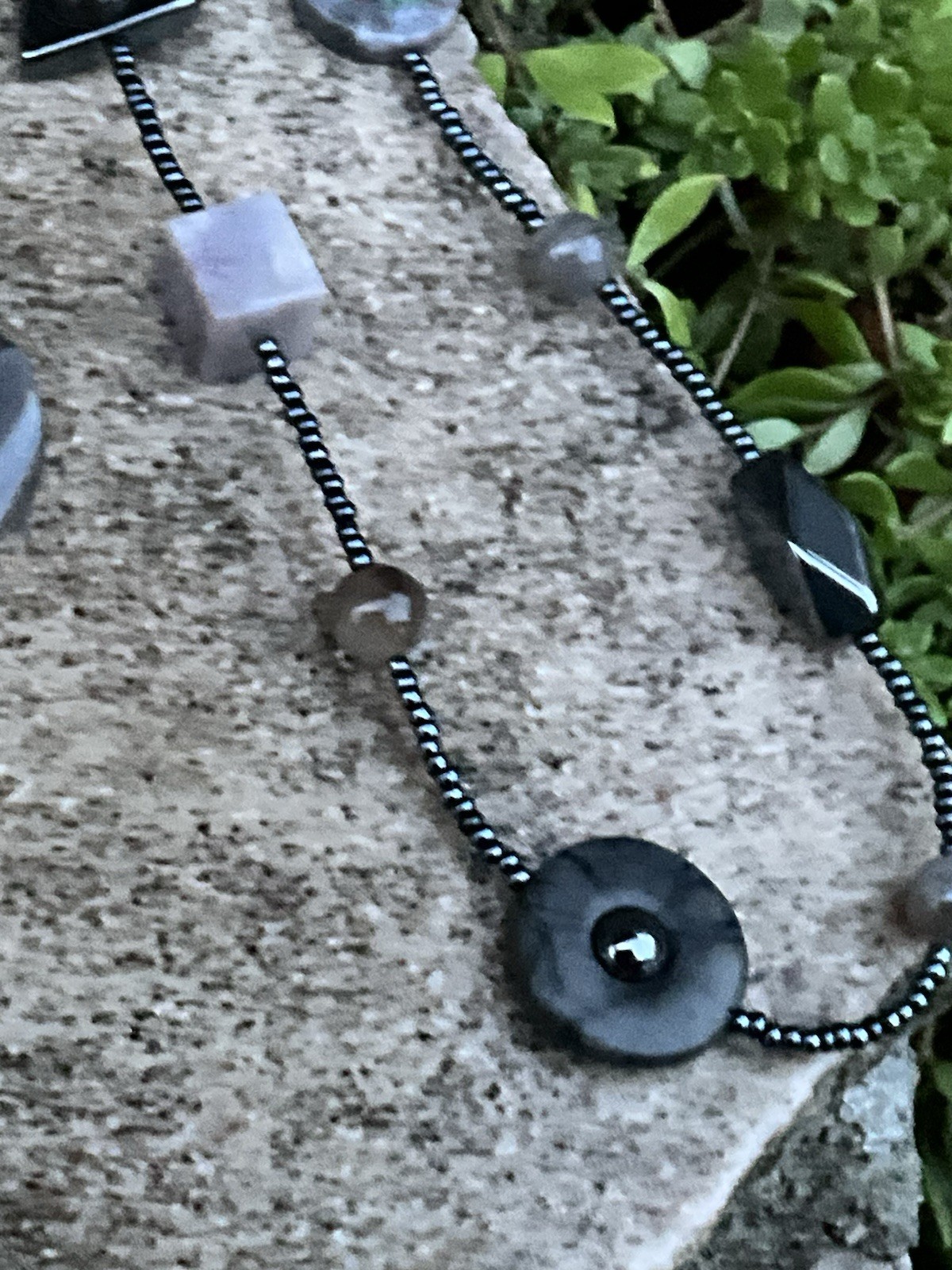 Vintage Gray Black Stone Modernist Bead Necklace Jewelry