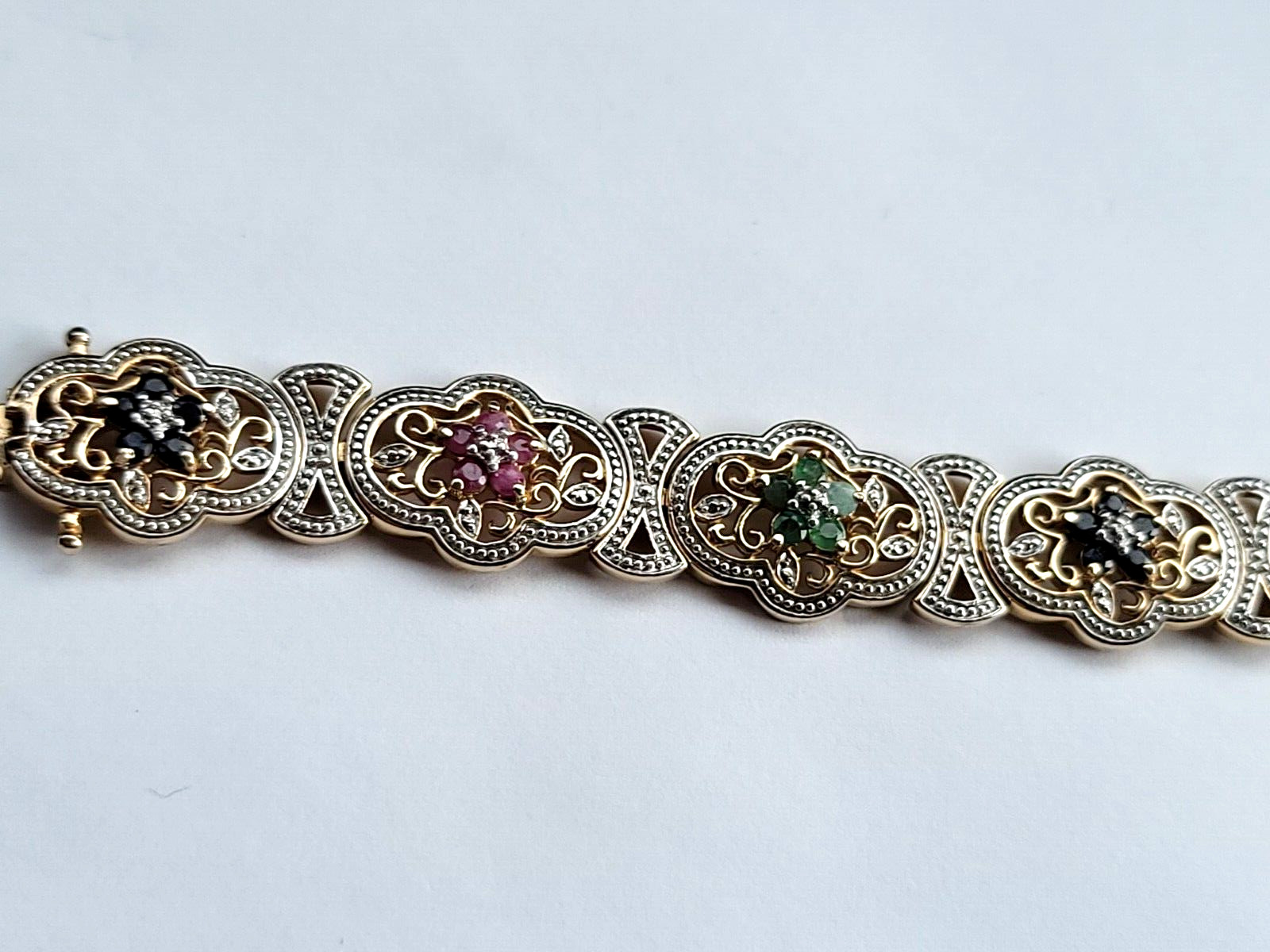 Sterling Ruby Sapphire Emerald Diamond Floral Link Bracelet 7 1/2″ 925 Gold Pltd