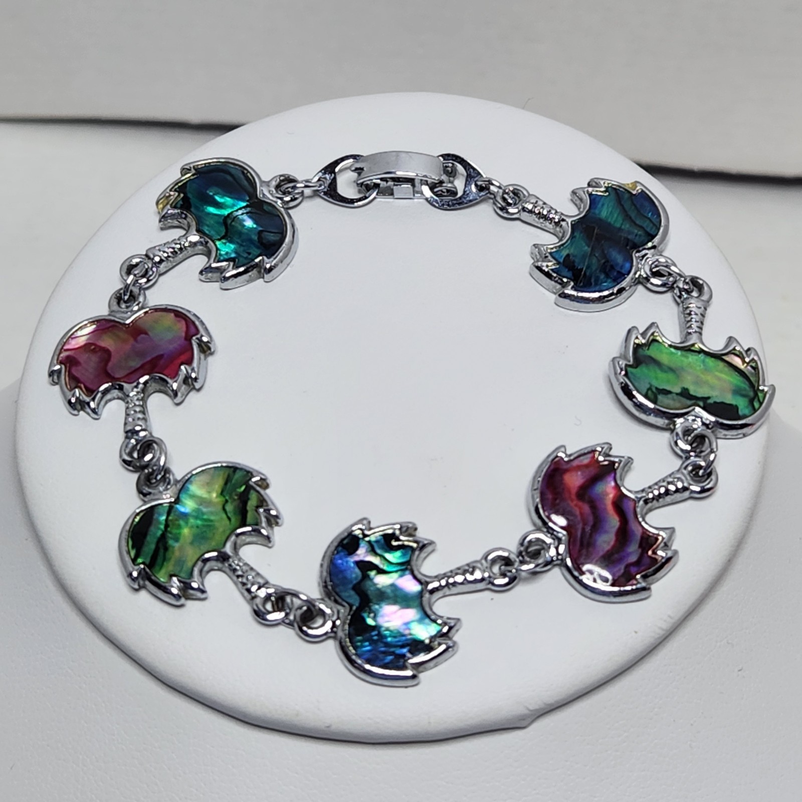 Abalone Paua Shell Bracelet Silvertone Metal Multi-color Beach Ocean Summer 7″