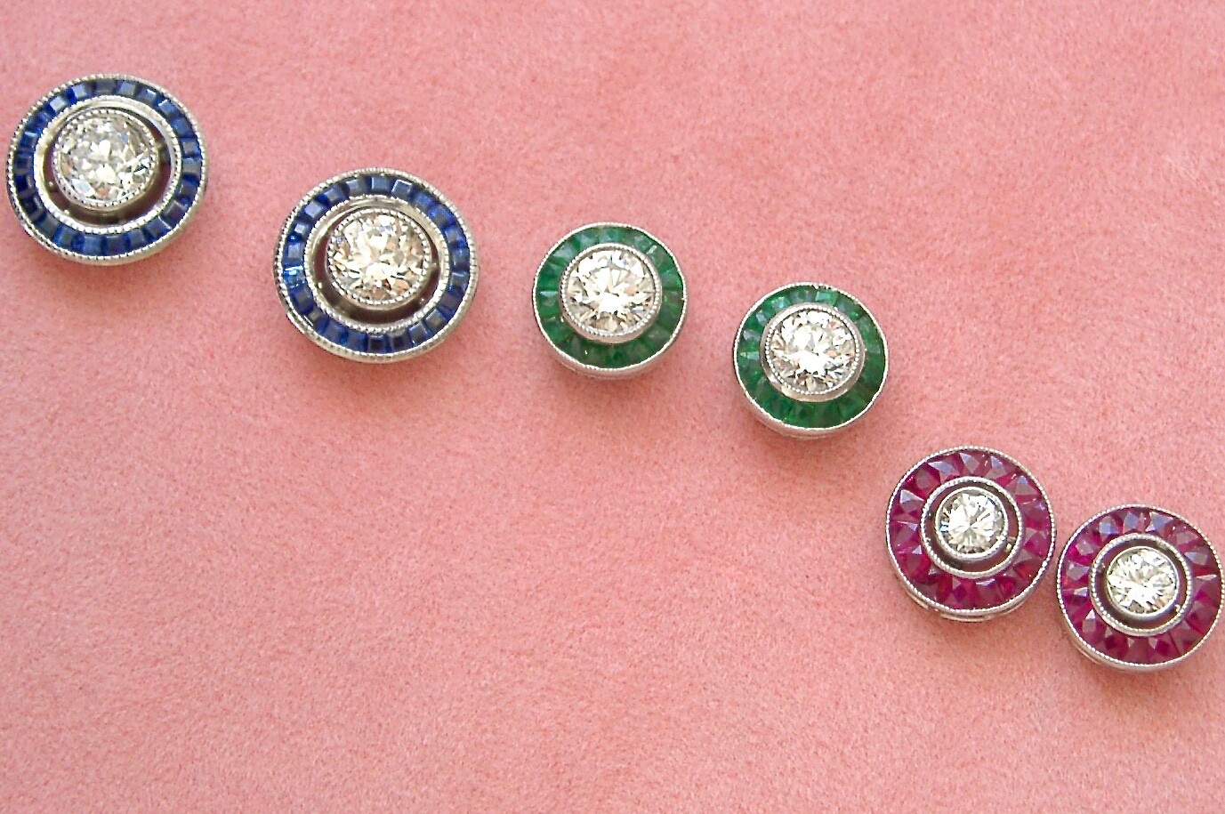 ART DECO STYLE .46ctw DIAMOND w/ RUBY HALO PLATINUM 9.5mm EVERYDAY STUD EARRINGS