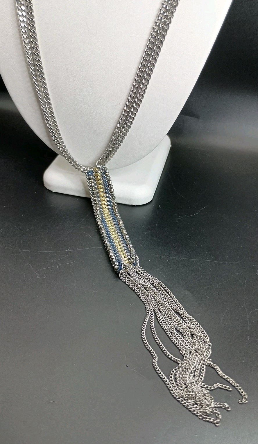 Stella & Dot Long Tassel Necklace Rhinestone Fringe Silver Tone 35″