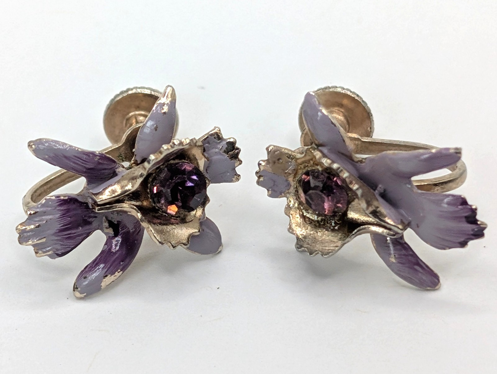 Vintage Orchid with Purple Stone Screwback Earrings – Free Shipping