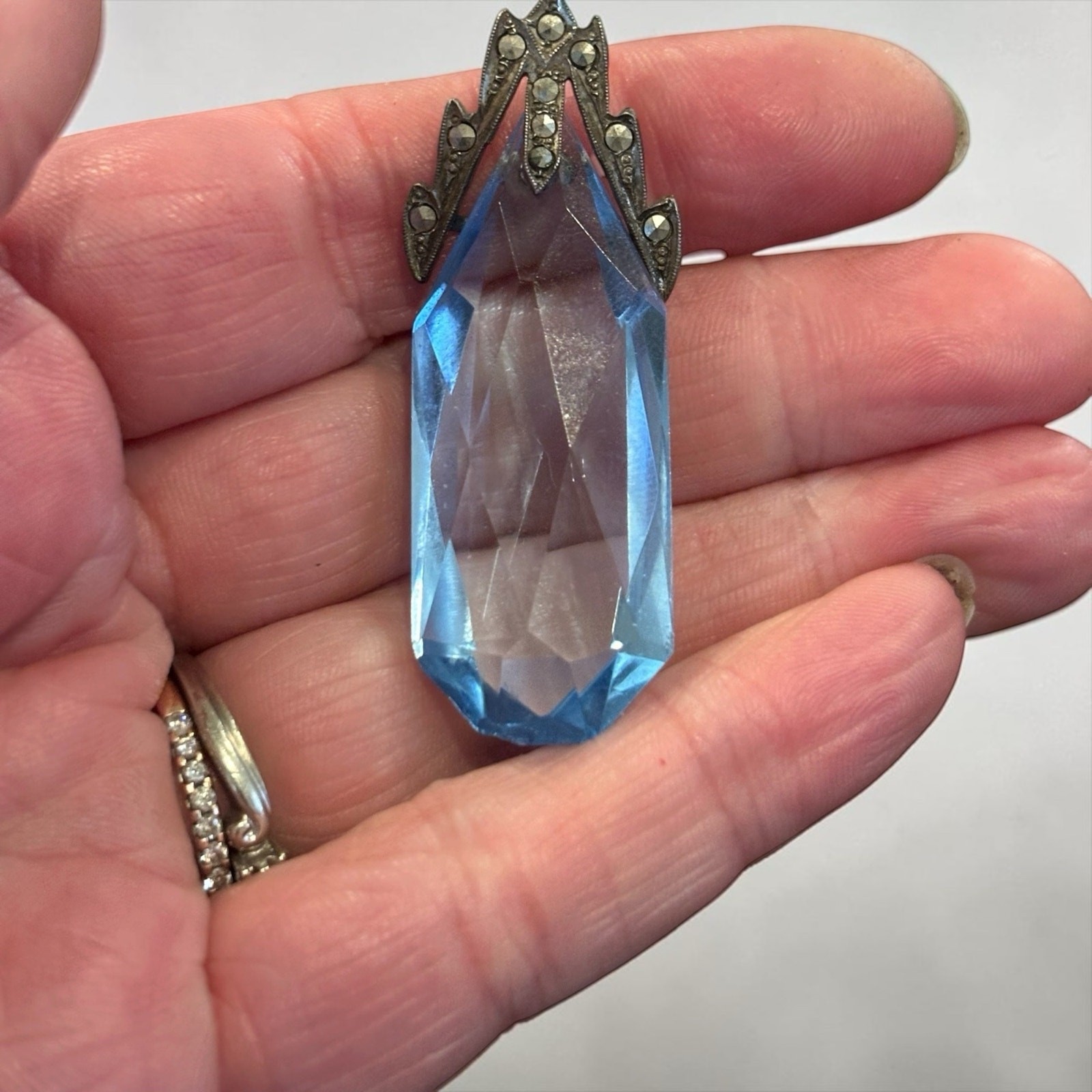 Ice Blue Crystal Pendant Sterling Silver Art Deco Czech Style