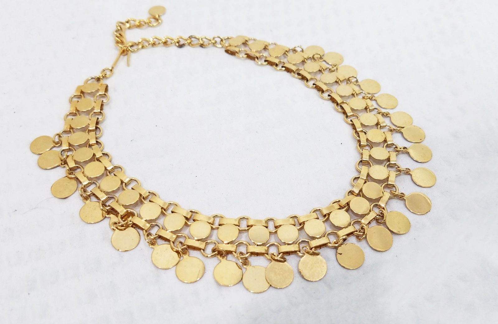 Vintage Gold Tone Tassel Mesh Disk Chain Link Byzantine Design Choker Necklace