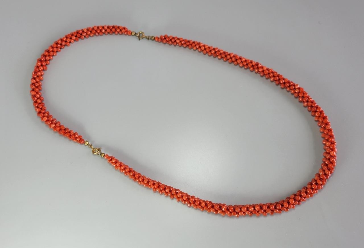 Vintage Necklace + Bracelet Set Braided Red Mediterranean Coral Beads