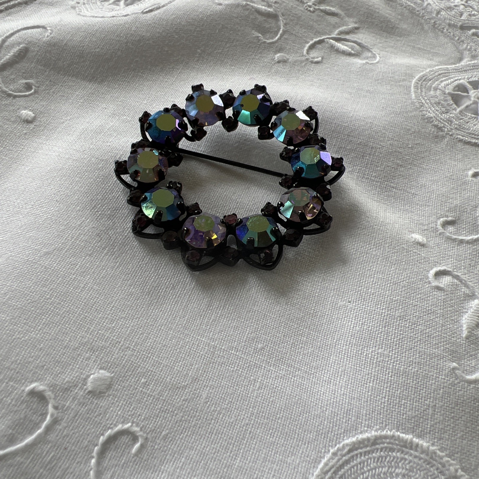 Vintage Joseph Warner Signed Pinks & Purples AB Rhinestone Brooch 2” Rd