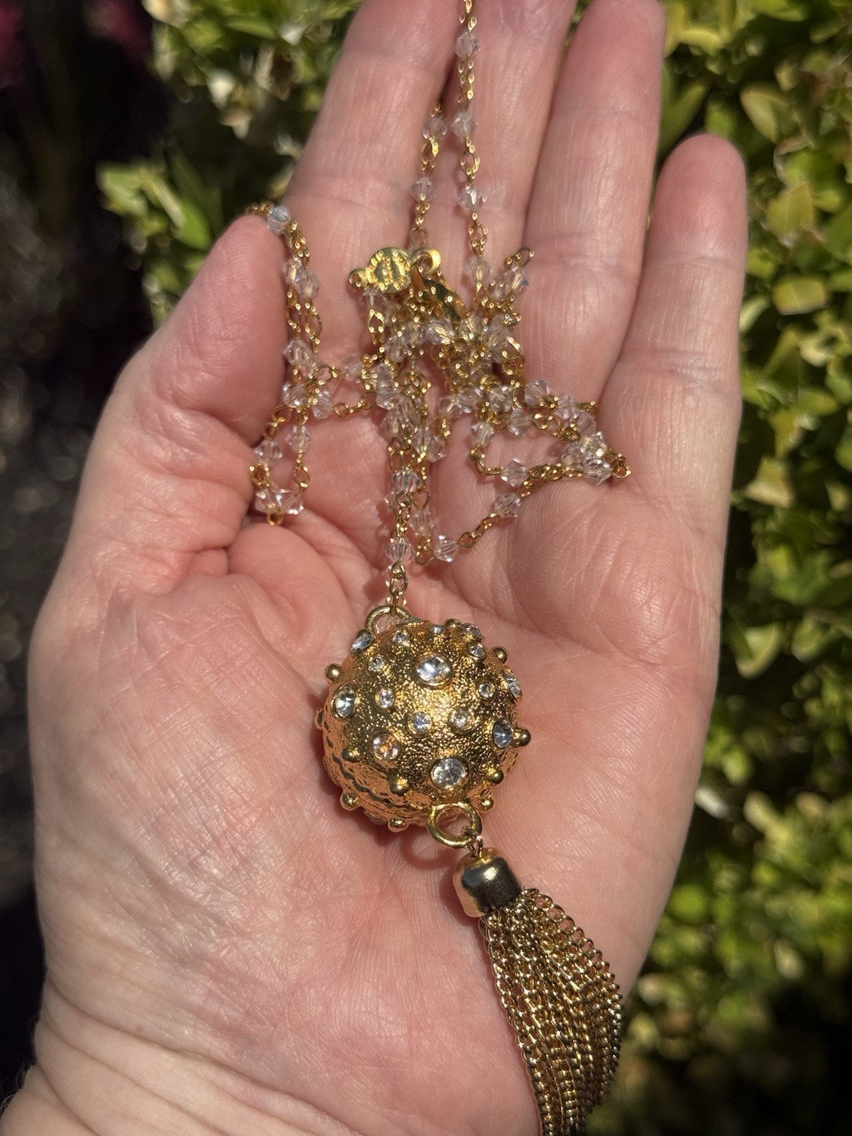 Vintage Austrian Crystal USA Gold Tone Ball Tassel Fringe Pendant & Necklace