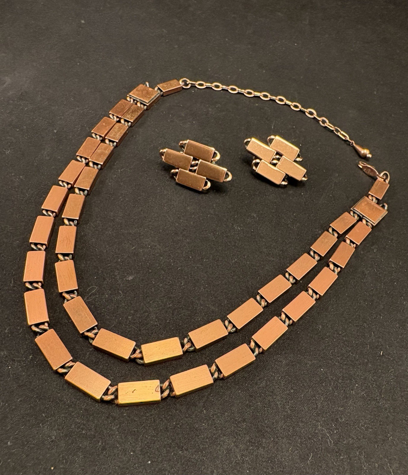 Vtg Renoir Copper 18” Rectangular Links Choker Double Necklace Clip Earring Set