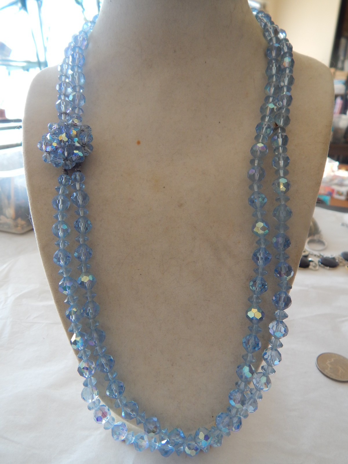 Vtg 2-Strand Blue AB Faceted Crystal Bead Necklace, Cluster Bead Clasp: 23″ Long