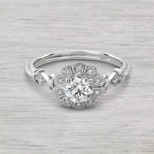 Art Deco Vintage 1.2Ct Lab Created Diamond 14K White Gold FN Wedding Ring