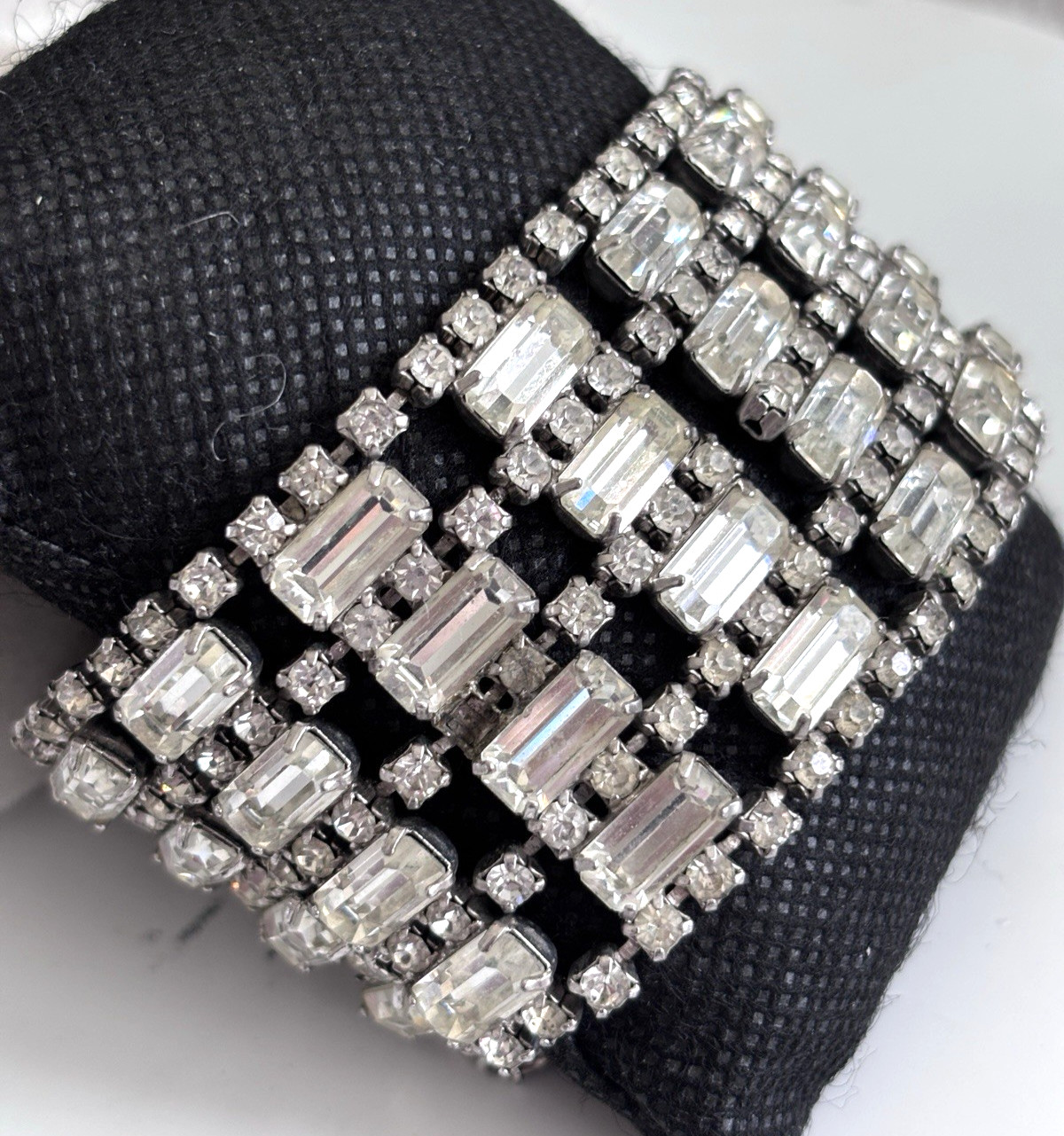 Vintage Emerald Cut And Round Rhinestones Wide Rhinestone Cuff Bracelet