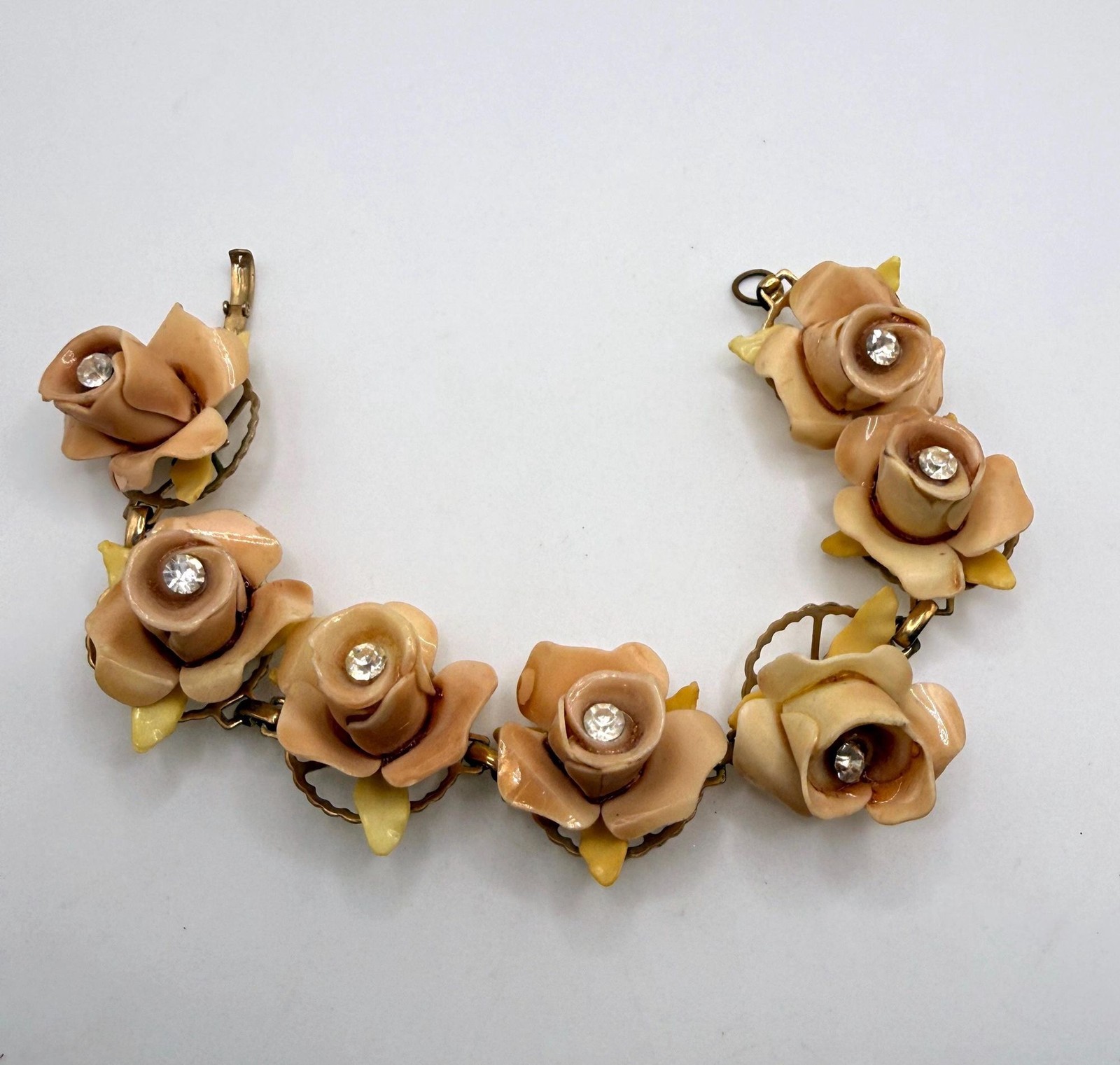 Vintage muted pink celluloid rose rhinestone bracelet