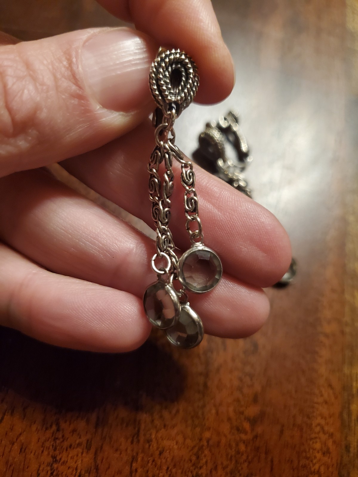 Vintage Goldette 3-chain Drop Adjustable Clip-On Earring with Smoky Crystals