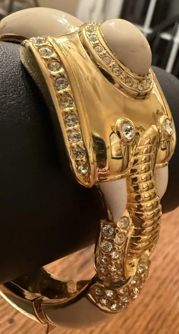 Vintage Elephant Bracelet Gold Toned Cream White Clamped