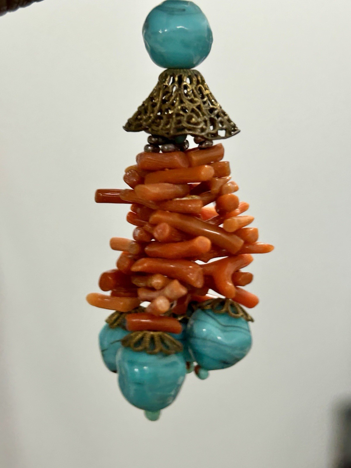 Vintage Coral And Art Glass Earrings Orange Turquoise Summer Beach Hot Dangle