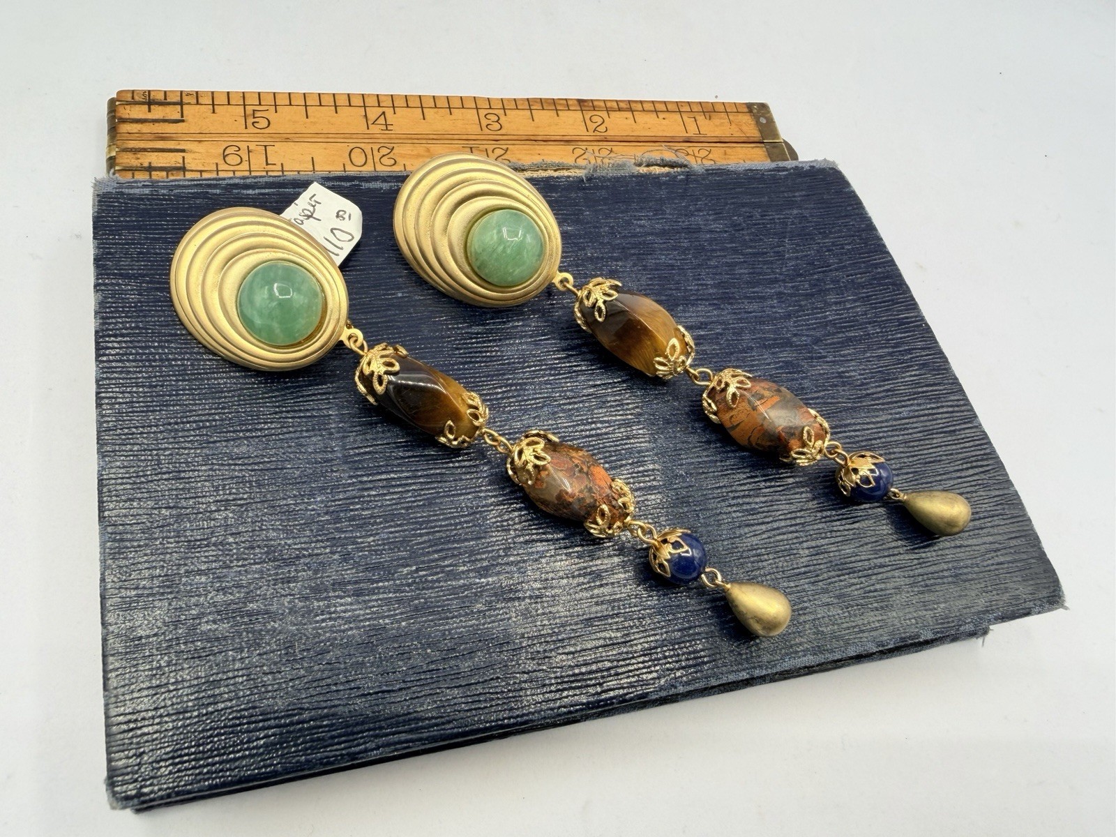 Vintage Gold Green Red Brown Long Gemstone Bead Dangle Earrings RO-DO NOS PY