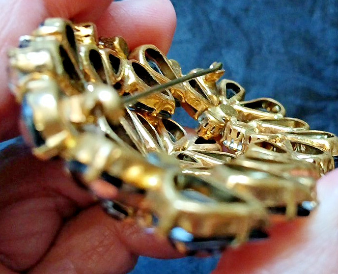 Vtg Crystal Gold Bronze Brooch Pin Lrg Rhinestones AB Openback Clasp for REPAIR