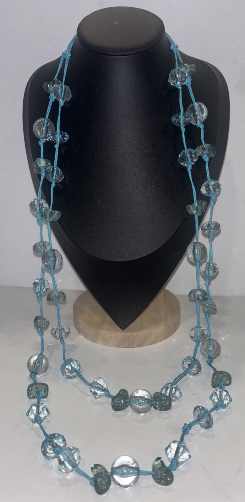 Y2K Chunky Acrylic Moon Bead 34″ Necklace Blue Knotted Cord Boho 2000s