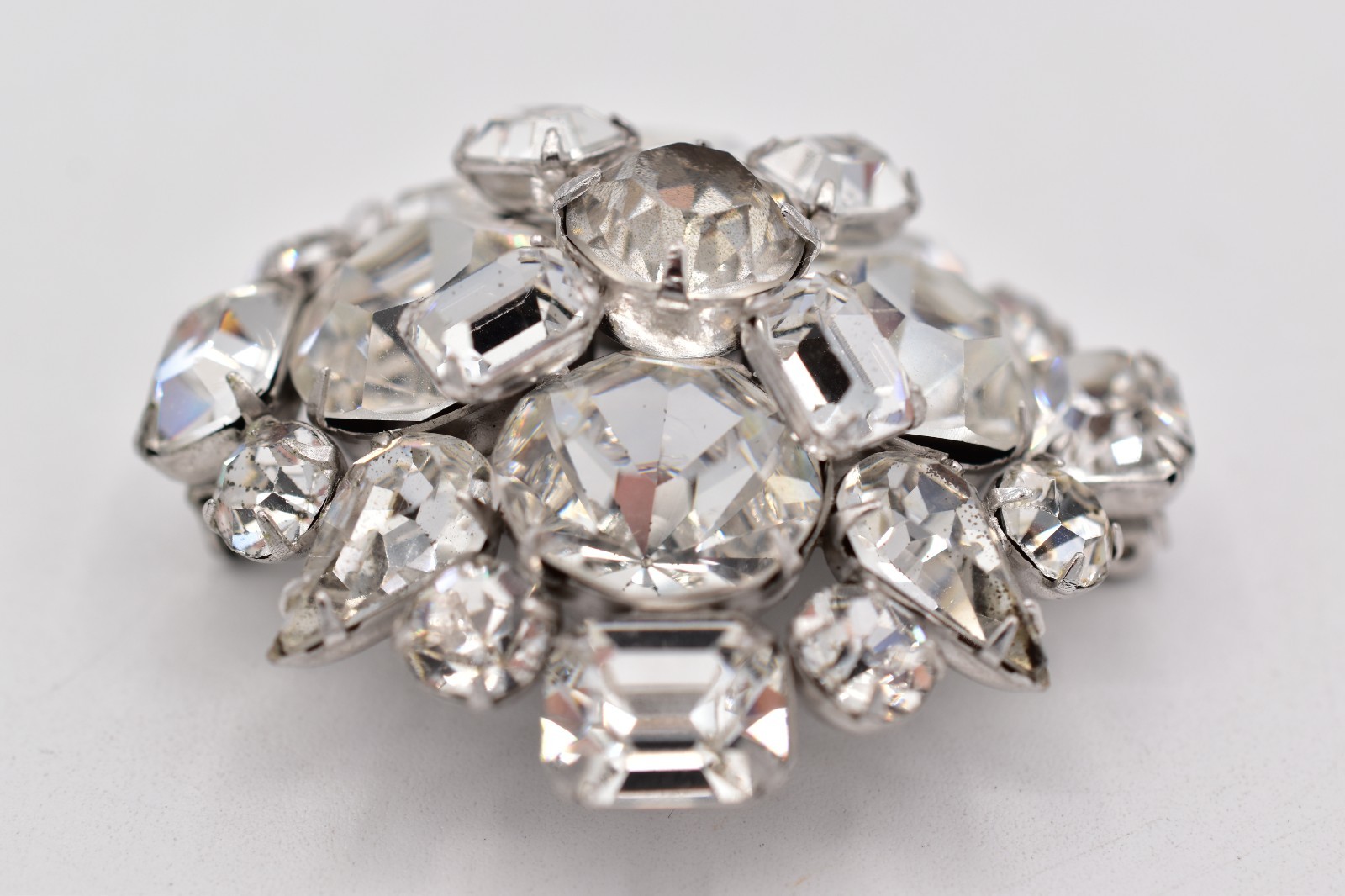 Vintage Clear Rhinestone Cluster Brooch Pin Silver Prong Baguette Crystal BinBP